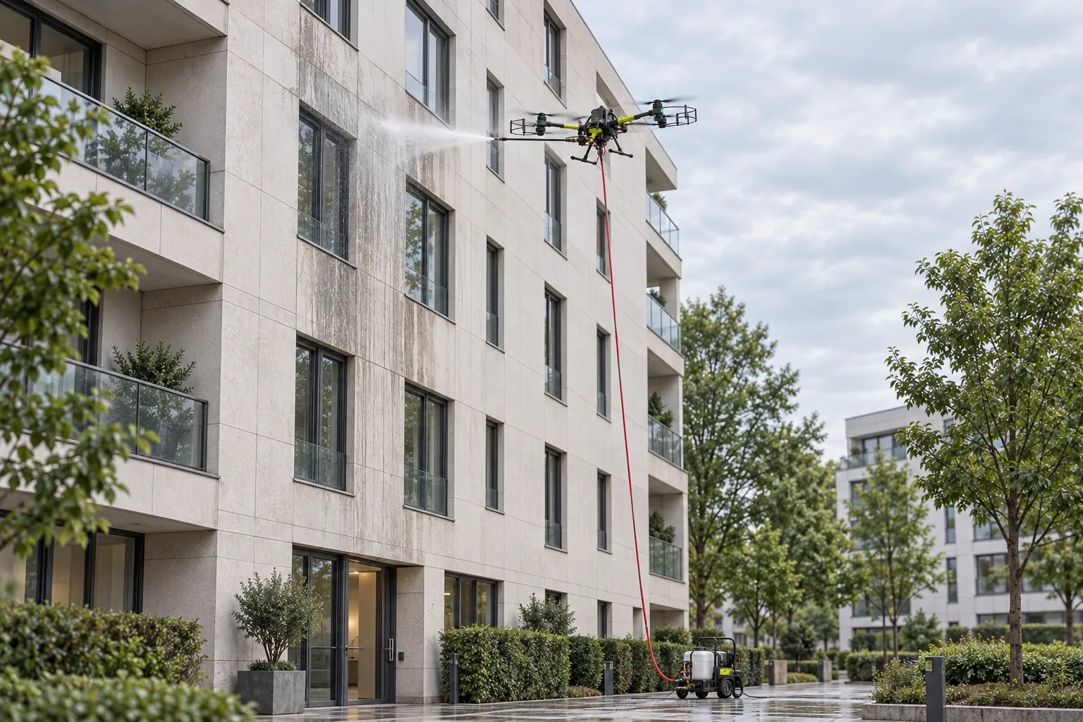 Dron z systemem natryskowym przy wysokiej elewacji budynku