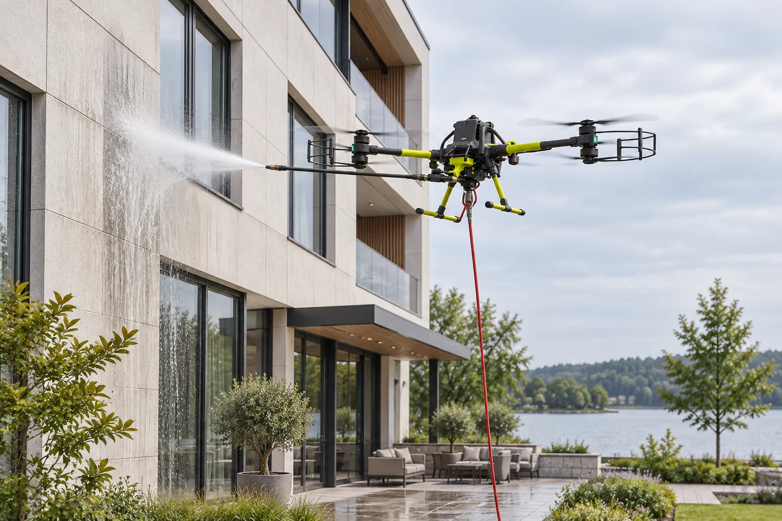 Dron z lancą czyszczącą przy elewacji obiektu hotelowego